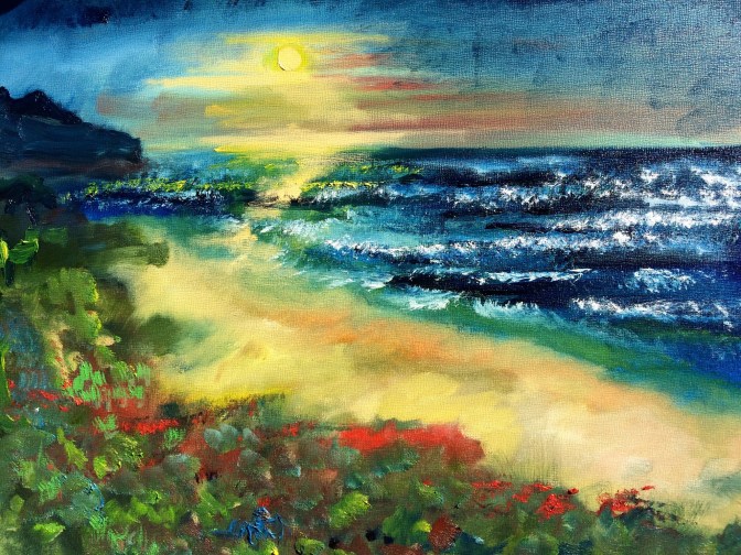 One of the best times I've ever had alone with my dog Taylor was spending the day at Point Reyes. Before the sun went down, we spent a few hours sitting off to the side, where Taylor chomped on his bone, and I painted this scene.