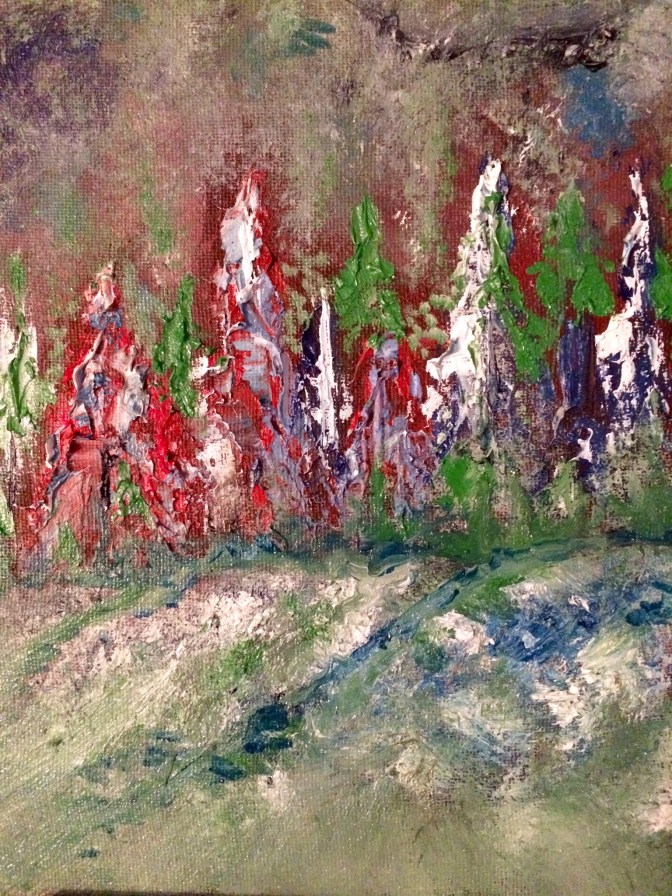 Experimenting with palette knives and dropping gobs of paint onto the canvas.