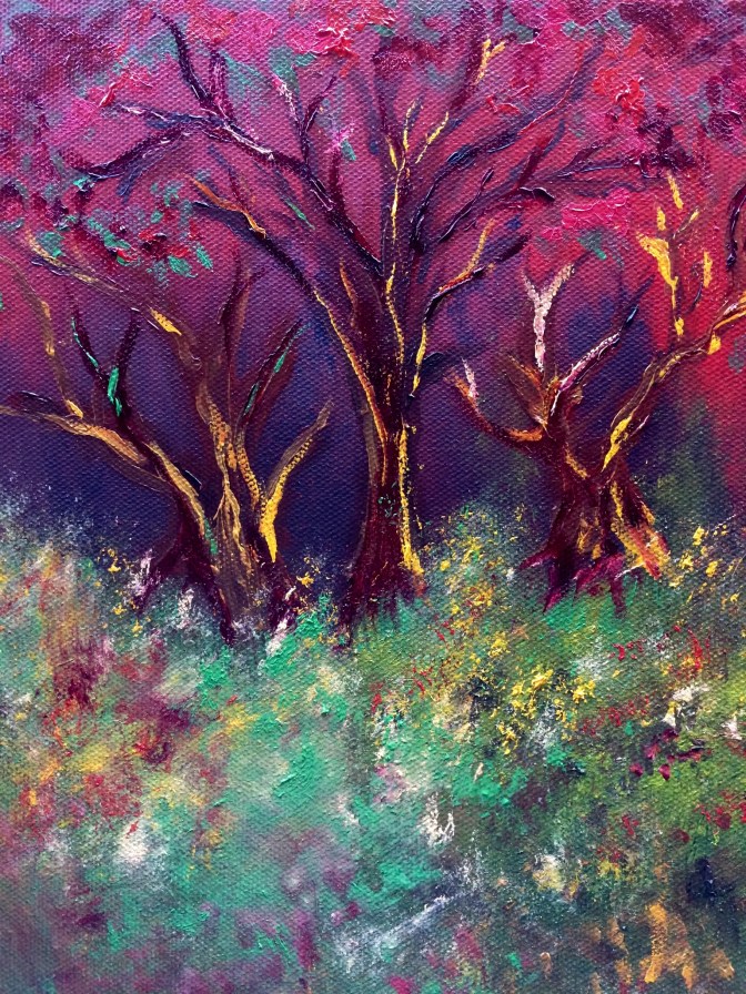 One of my three favourite pieces, this was done over the course of the entire week, spending about an hour at least (and a couple hours on the last day), adding layer upon layer of colour. The picture at the top of this post splits the screen into three, each part a stage of the painting before it was finished.