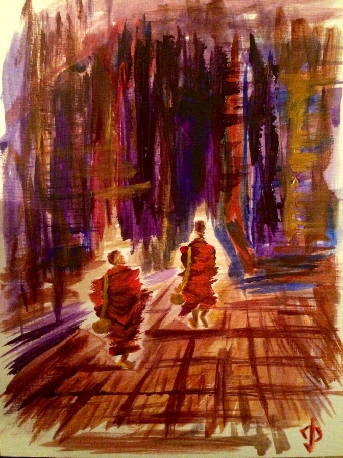 9x12 painting using acrylics - "Monks Walking into Battle"